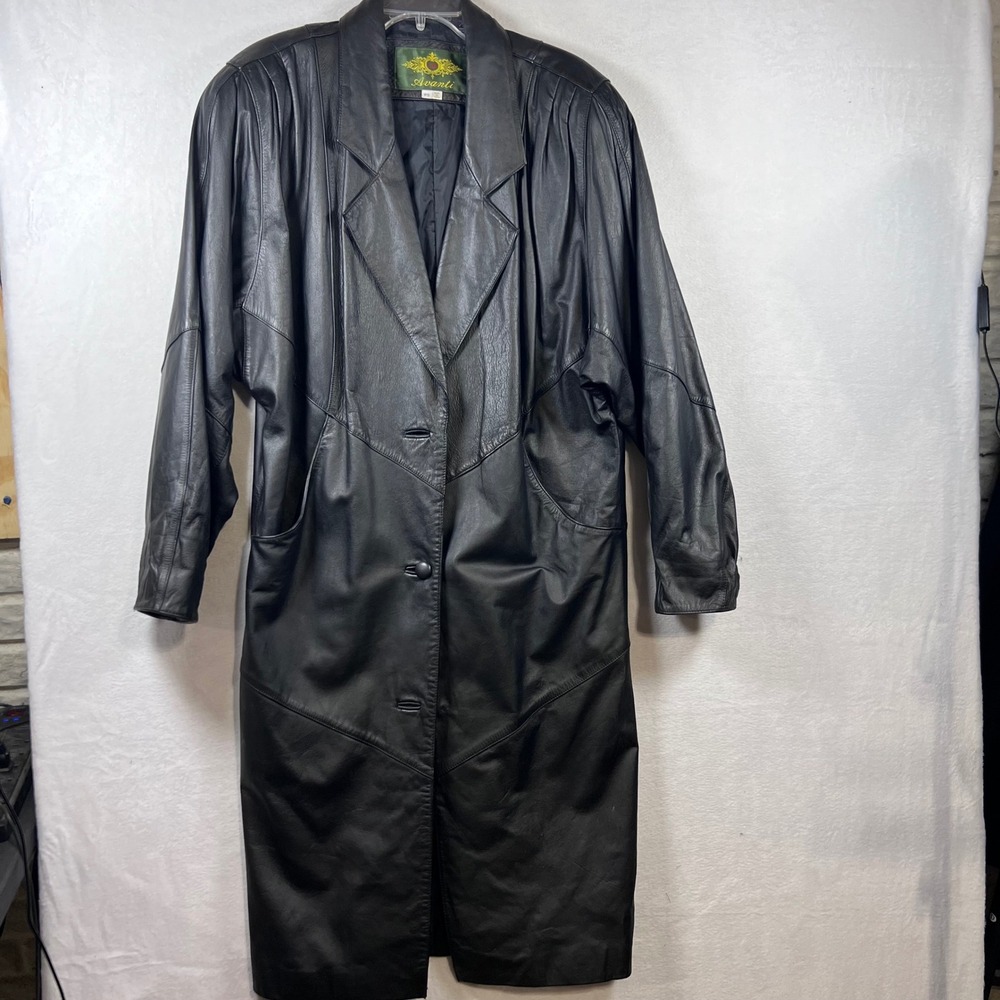 Avanti Black Genuine Leather Trench Coat Long Jacket Womens Petite Small